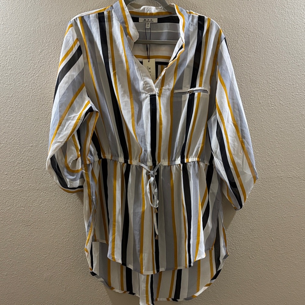 Striped Drawstring Waist Blouse in White, Yellow & Black